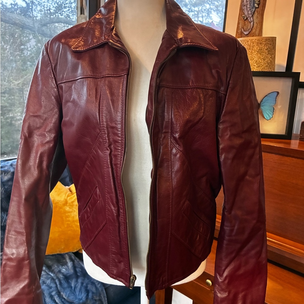 Women's Burgundy Leather Jacket - Classic Zip Front
